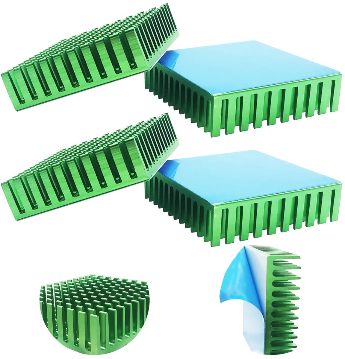 SnelShoppen - 4 Pack Koelvinnen, Groene Aluminium Koelvinnen met Thermische Hechttape voor Computers, 3D Printers, 40 x 40 x 11 mm