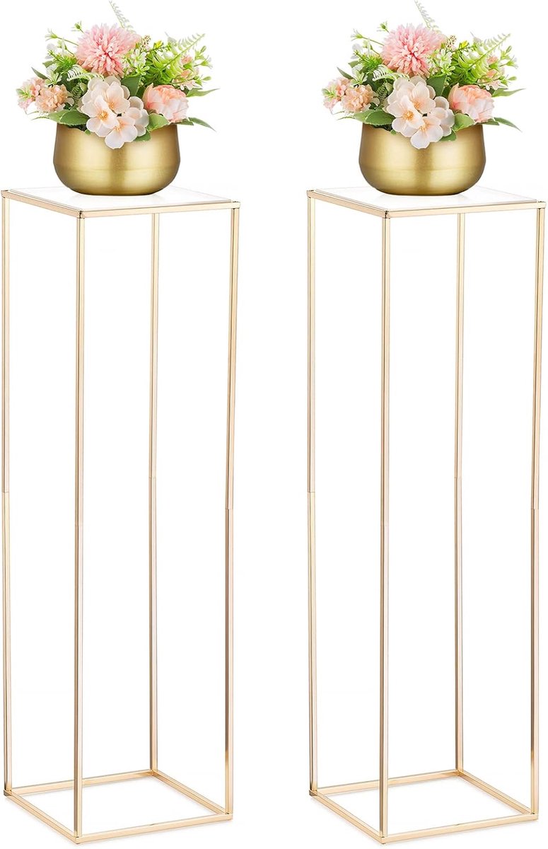 SnelShoppen - Elegante Gouden Vazen voor Bruiloft Centra met Acryl Paneel - 2 Stuks 100cm Hoge Bloemenvazen Rechthoekige Metalen Kolom voor Verjaardag