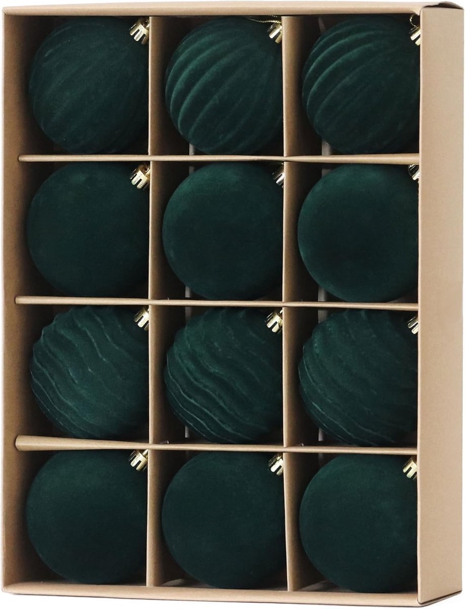 12 Stuks Fluwelen Kerstballen 8cm Groen - Schokbestendige Versieringen voor Kerstboom en Feestdecoratie (3 Stijlen)