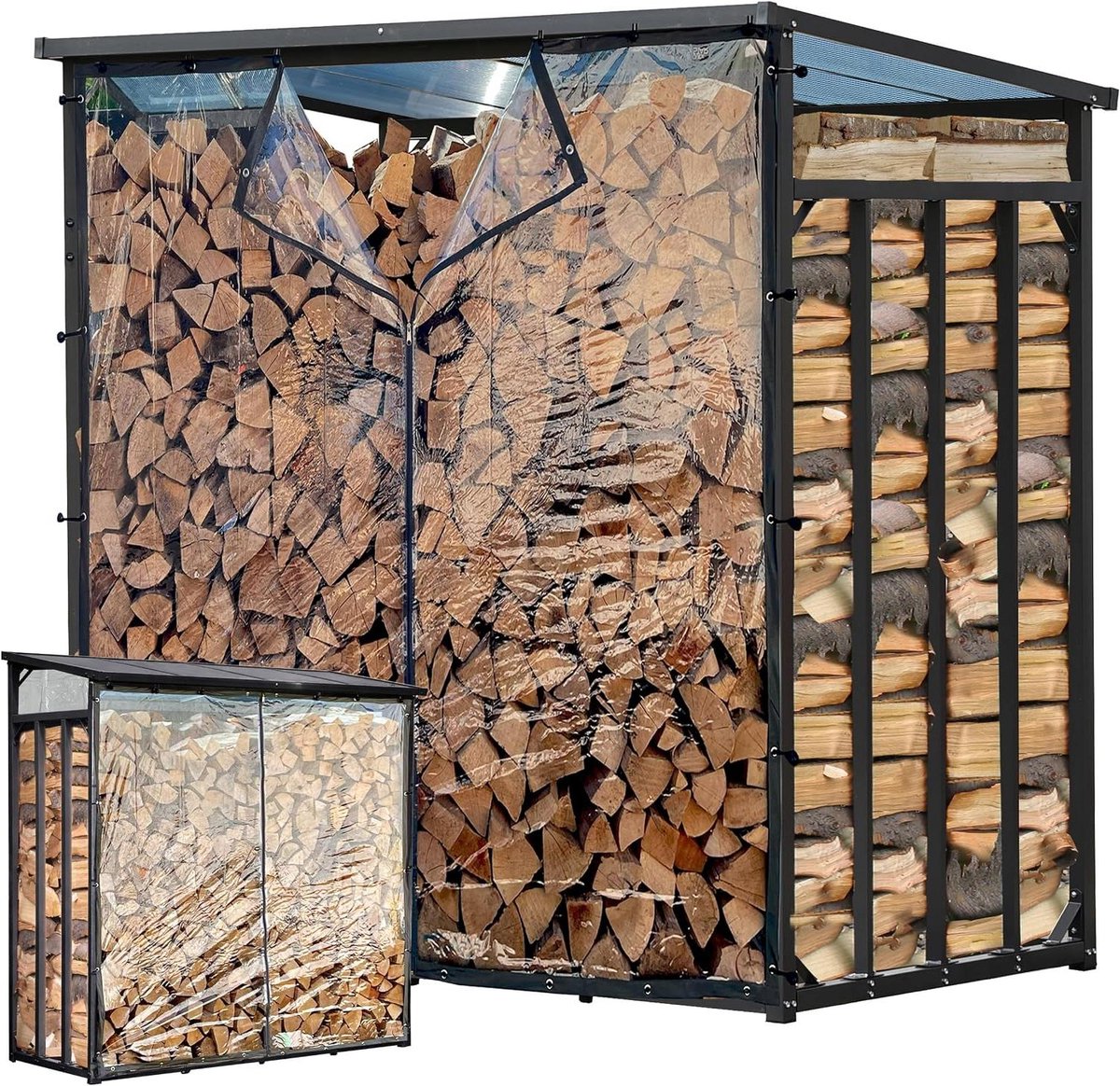 Haardhoutrek Met Dak - Houtopslag Schuur - Brandhout Drogen - Weerbestendige Gordijnen - 185x70x185 cm - Antraciet