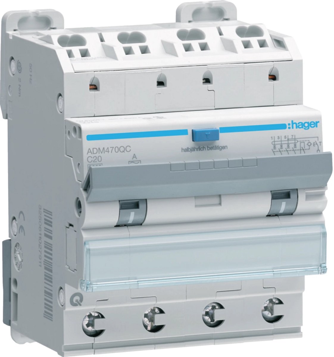 Hager aardlekautomaat C20 30mA 4P 6kA quickconnect (ADM470QC)