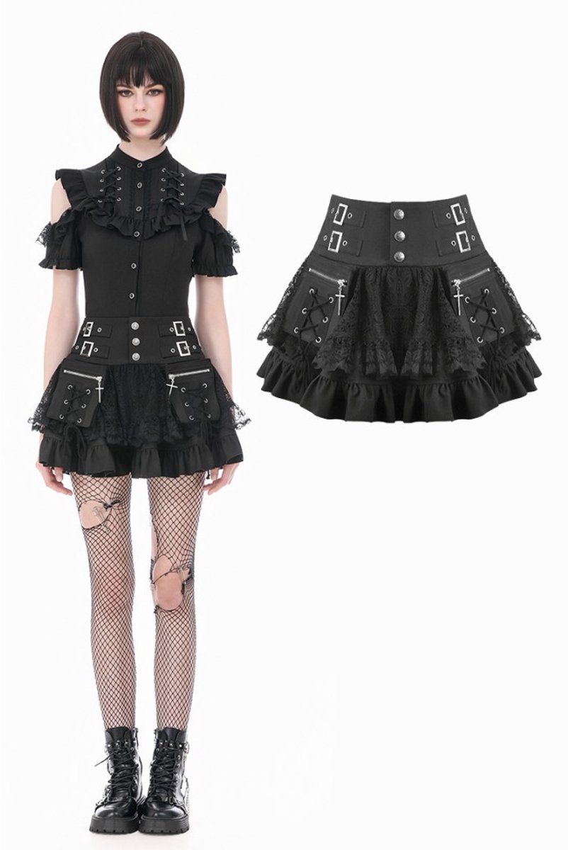 Dark in Love - Sin Forbidden Dark Punk Lace Patchwork MultiPocket Ruffle Korte rok - XL - Zwart