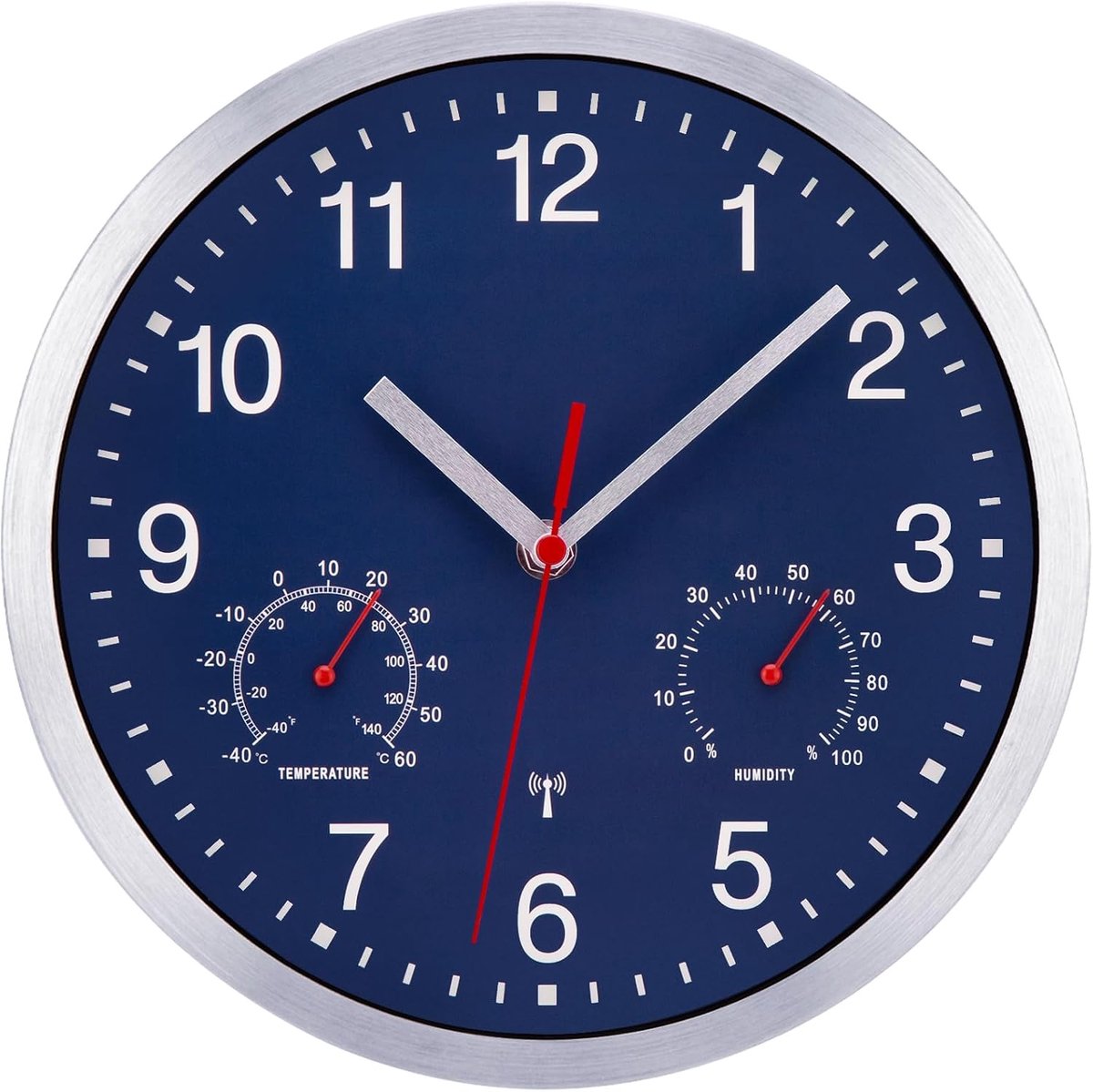 SnelShoppen - Draadloze Wandklok Geruisloos met Temperatuurweergave en Vochtigheidsmeter - Stil, Blauw, Goed Leesbaar voor Woonkamer, Keuken en Slaapk