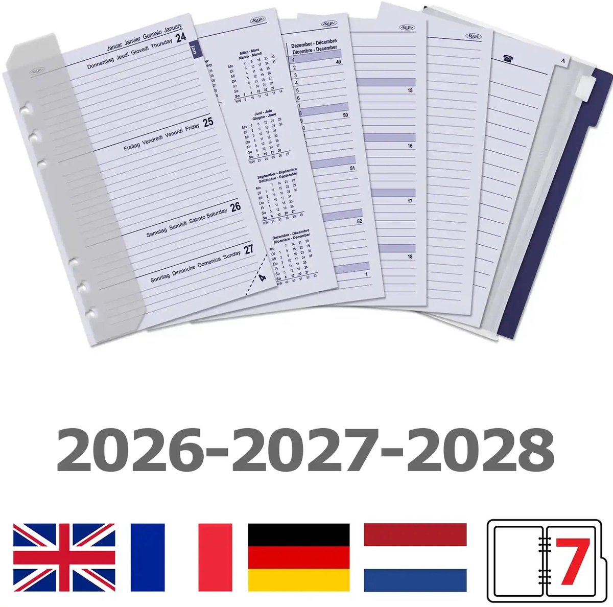 Kalpa 6306-26-27-28 210 x 144 mm A5 6 Ringendagboek Vulling 1 Week per 2 Paginas Jaardoos EN DE FR NL 2026 2027 2028