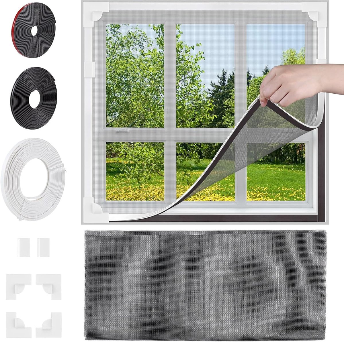 Grijze Vliegenraam 130 x 120 cm met Magnetische Bevestiging, Zelfklevend en Snijbaar voor het Voorkomen van Muggen en Insecten