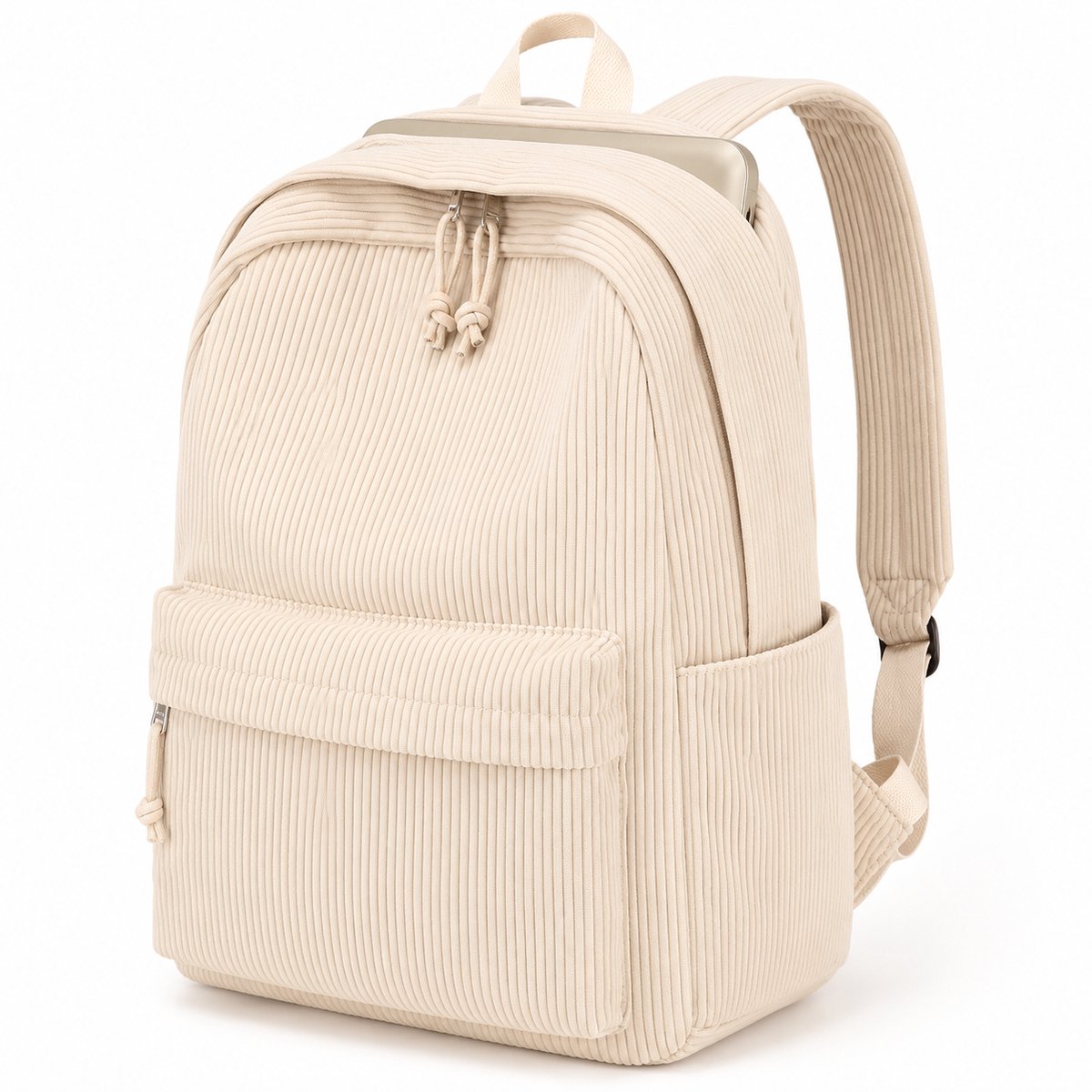 Ribfluweel Schoolrugzak voor Tieners en Dames - Grote Vrijetijds Rugzak voor 15.6 Inch Laptop - Lichte Schoudertas voor Middelbare School en Reizen - Beige