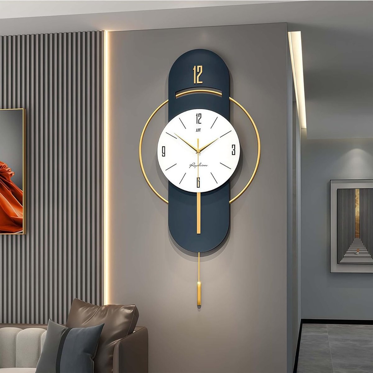 SnelShoppen - Grote moderne wandklok zonder tikkende geluiden - 42 x 84 cm metalen wandklok met slinger in blauw voor woonkamer en moderne ruimtes