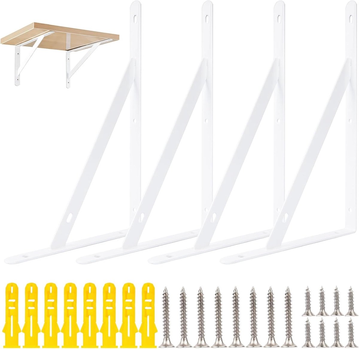 Stevige Wandplanken met 4 Houdersteunen, Driehoekige Beugels, 90 Graden, Ideaal voor Opbergruimte en Decoratie, 25 x 15.5 x 1.5 cm
