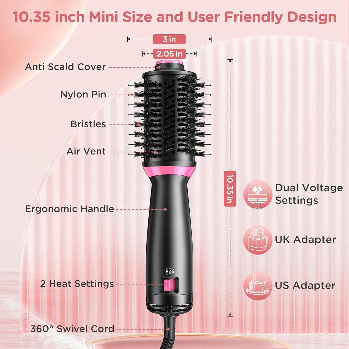 Haardrogerborstel - Warmteluchtborstel - Haar stylen - 3-in-1 functie - 263 cm - Zwart