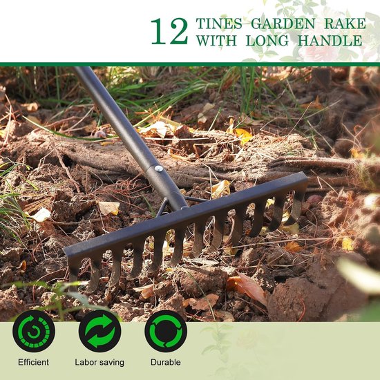 Tuinhark 189 cm - Metalen hark met 12 stalen tanden voor het losmaken van de grond, egaliseren van gazon en bladeren opruimen, ideaal tuingereedschap voor tuinonderhoud — afbeelding 3