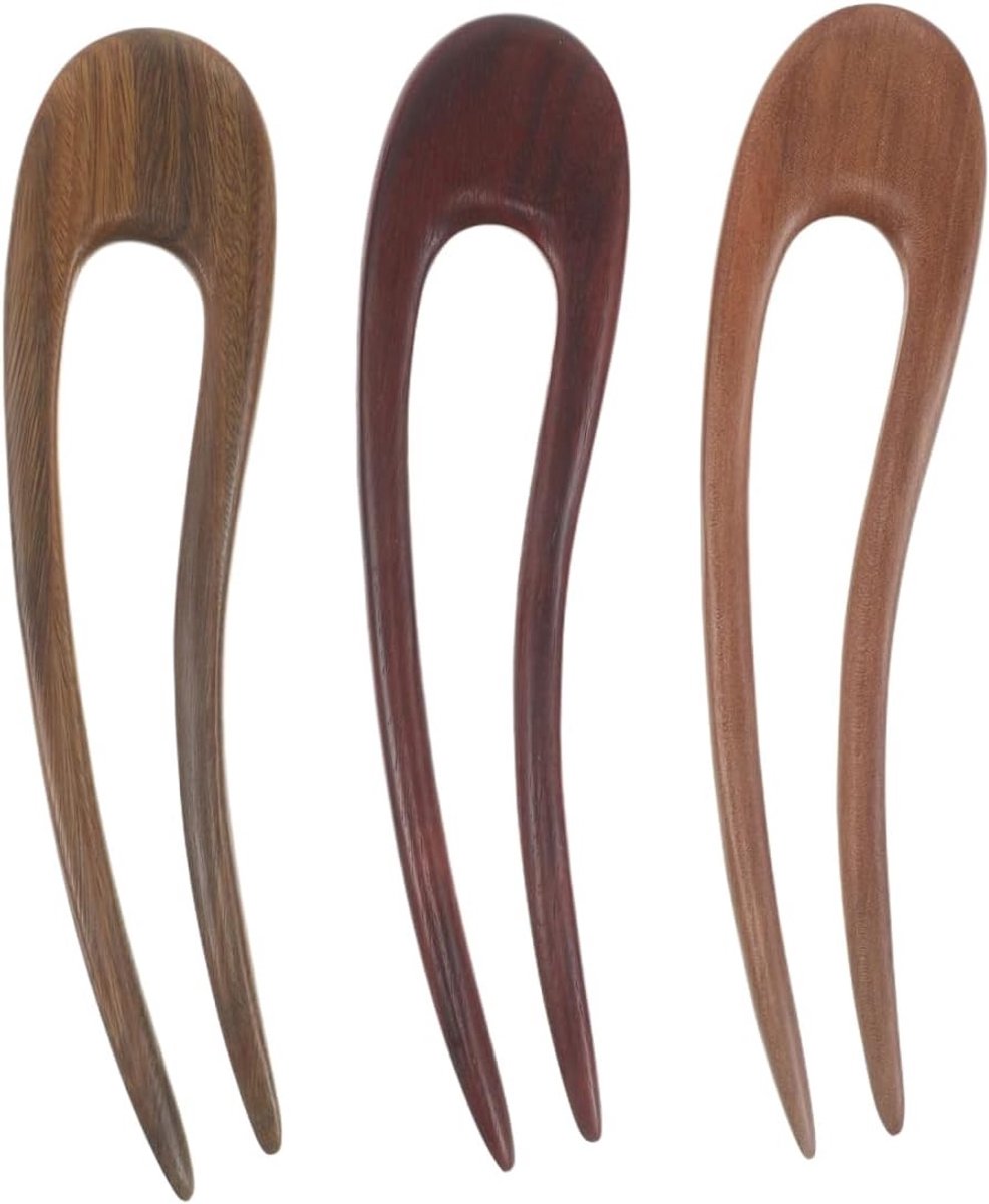 3 Stuks Sandelhout U-vormige Haarspelden - Grote Vintage Houten Haarclips voor Buns en Opsteken, Perfect voor Feestjes en Dagelijks Gebruik
