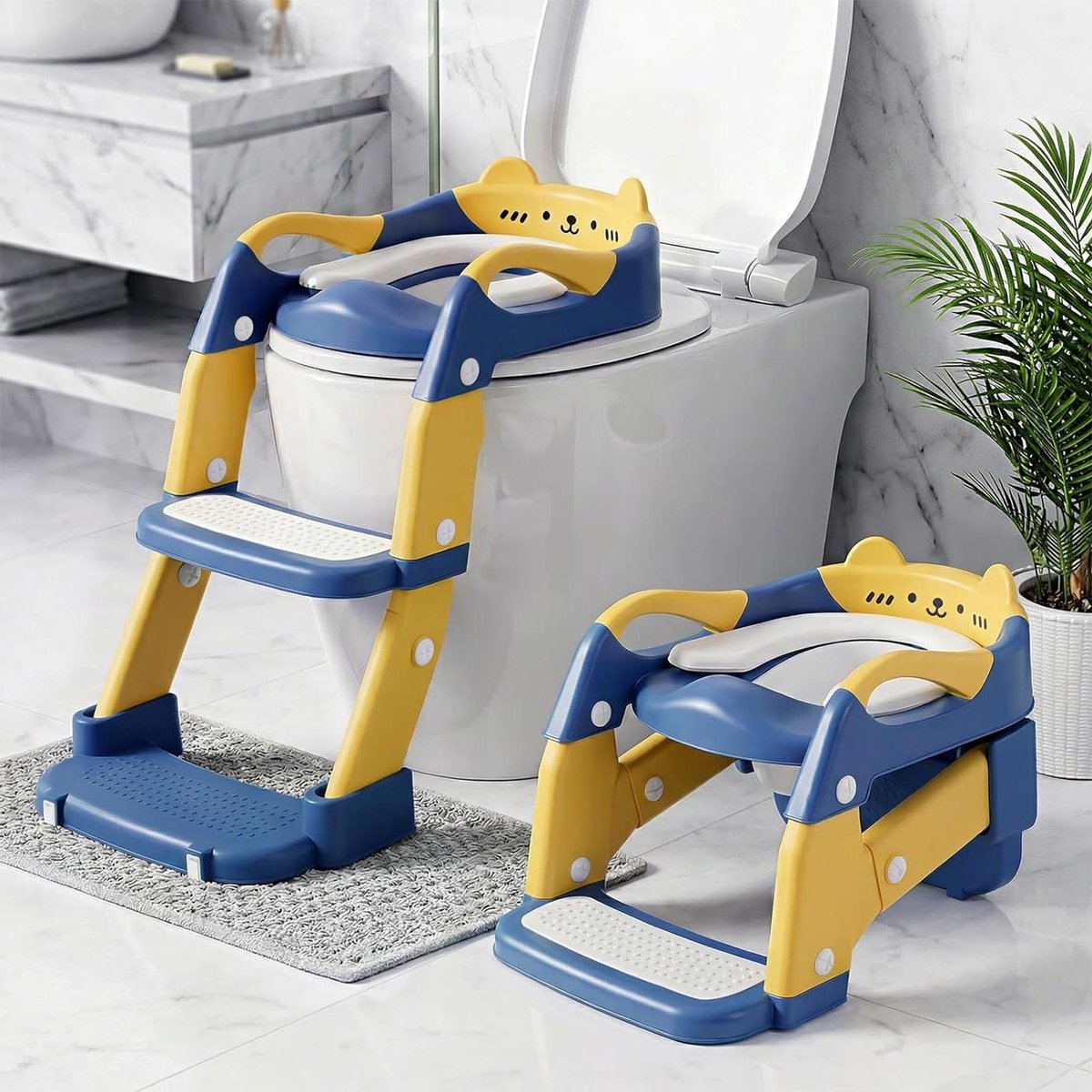 Kinder Toiletverkleiner - Zindelijkheidstrainer Trapje - Zelfstandig Toilet Gaan - In Hoogte Verstelbaar - 66 x 31 cm - Geel Blauw