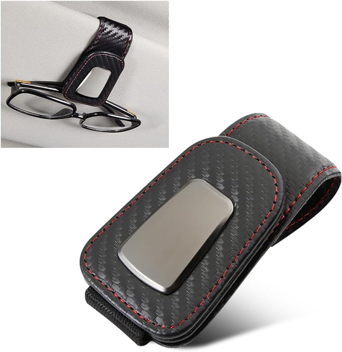 SnelShoppen - Universele Auto Zonnebril Houder - Luxe Leren en Metaal Zonnebril Clip - Carbon Fiber Design - Geschikt voor Alle Auto's - Perfect voor