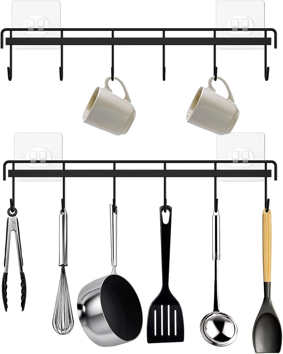 SnelShoppen - Wandbevestiging Keukenhaakjes met 6 Haken - Muurbeugel voor Keuken, Badkamer, Slaapkamer - Geen Boren Nodig - Zwart - Geschikt voor Keuk