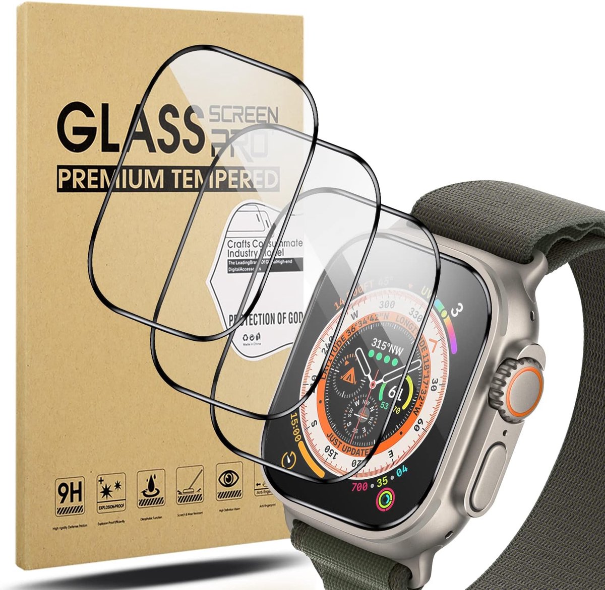 SnelShoppen - 4 Stuks Tempered Glass Screen Protector voor Apple Watch Ultra 2/Ultra 49mm, Zwarte Rand, HD Beschermfilm, Anti-Kras, Anti-Vet, Volledig