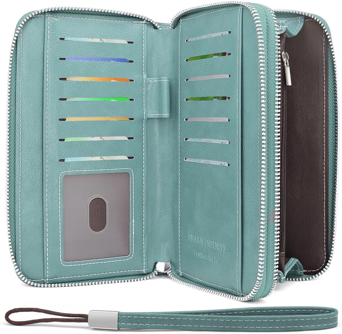 SnelShoppen - Dames Grote PU Leren Portemonnee met RFID Bescherming, Lange Rits Portemonnee met 14 Kaartsleuven, Lichtblauw 20 x 11,5 x 4 cm, Ideaal v