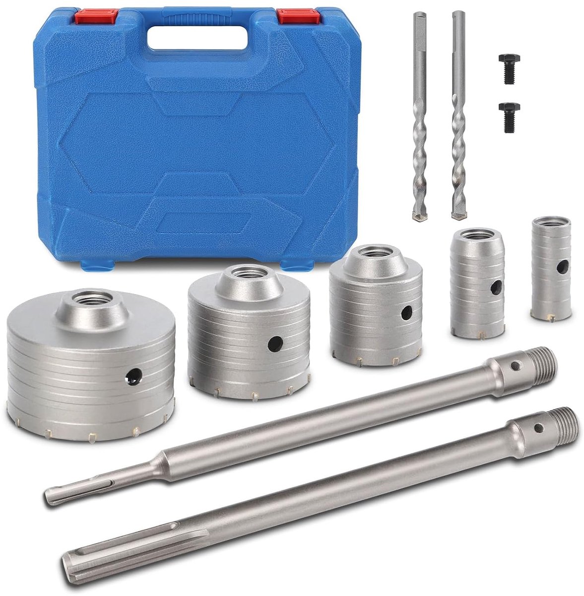 SnelShoppen - Betrouwbare Beton Boor Set met 5 Diameters 30 mm 40 mm 65 mm 80 mm 100 mm voor Nauwkeurig Boren in Cement en Steen, Inclusief 2 Shanks