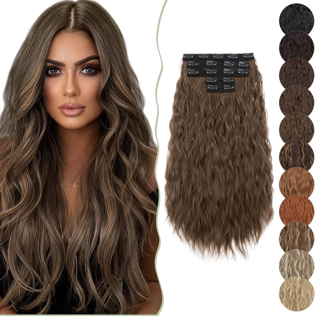 SnelShoppen - Clip-In Extensions 60 cm Set van 5, 17 Clips, Natuurlijk Lijkend, Golvend, Krullend, Goedkoop Haarstuk voor Volle Hoofd, 250 g, Lichtbru