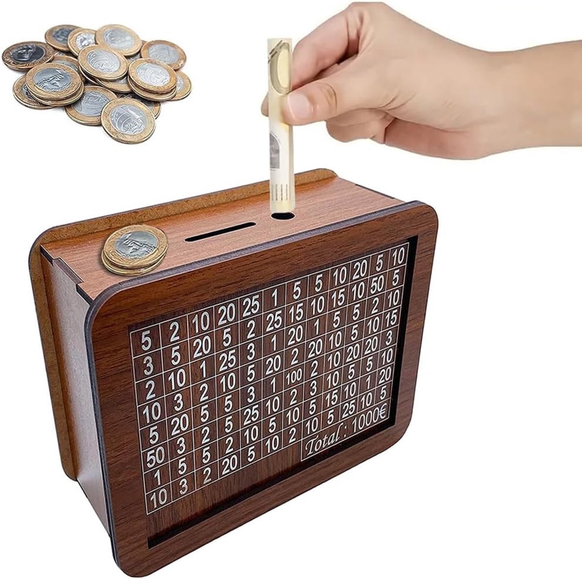 SnelShoppen - Houten Spaarpot met Cijfers, Herbruikbare Spaarbox voor Munten en Bankbiljetten, Retro Design, Praktische Spaaroplossing voor Kinderen,