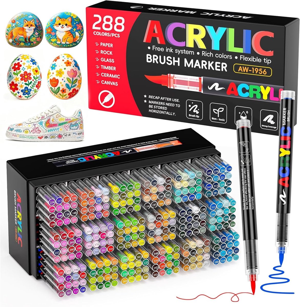 Acrylverfmarkers Set - 288 Kleuren - Penseelpunt van 1-5 mm - Voor Steen, Stof, Glas, Keramiek, Canvas en Hout