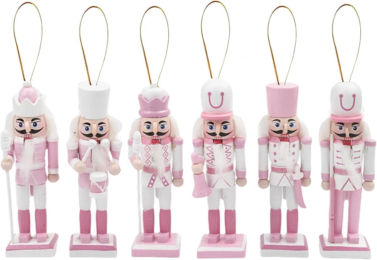 SnelShoppen - 6 Stuks 12cm Roze Houten Kerst Notenkraker Soldaat Ornamenten, Mini Versieringen voor de Kerstboom, Hangende Decoraties voor Traditionel