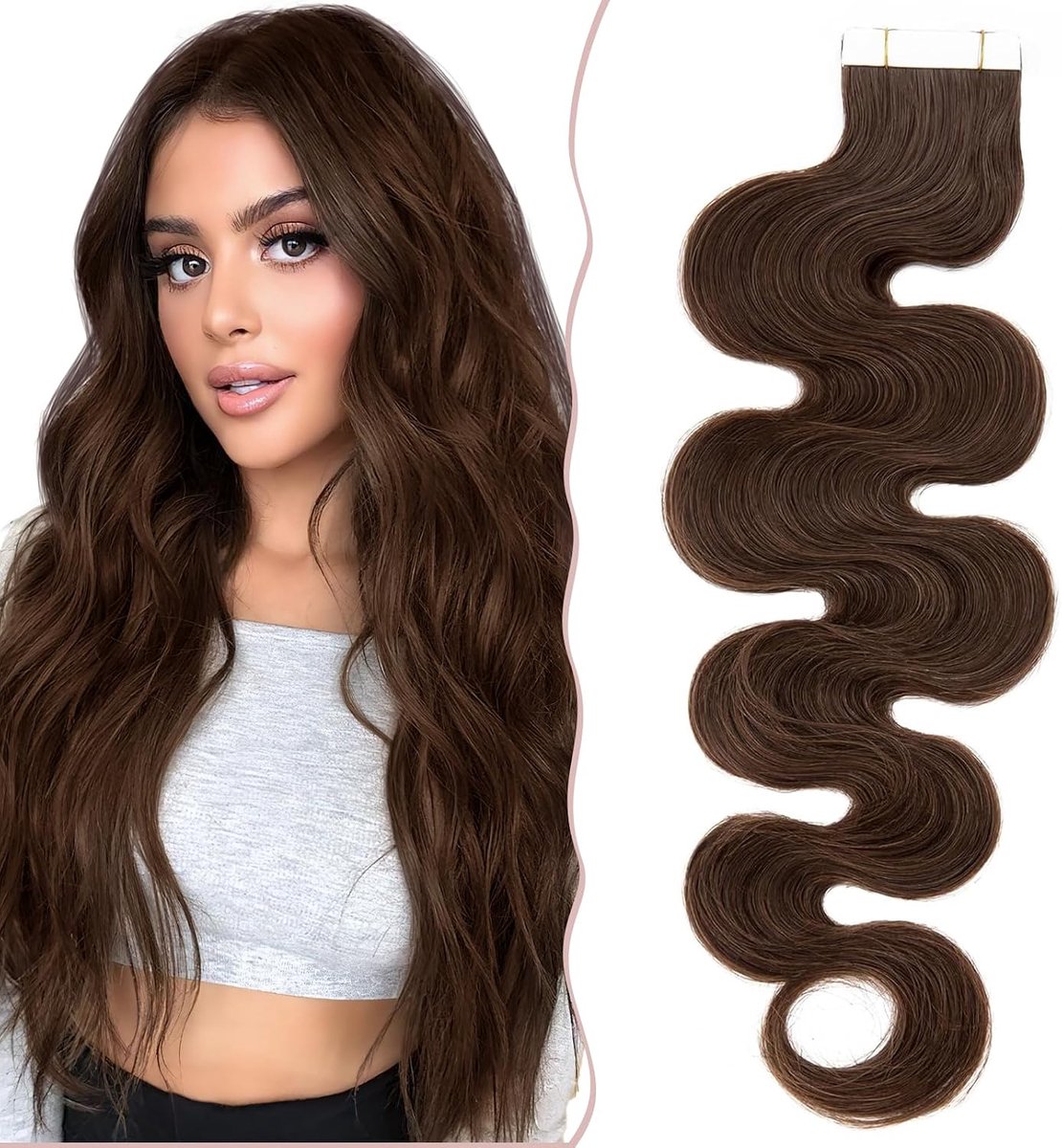 SnelShoppen - Tape-in Haarextensies 100% Menselijk Haar, 35 cm, 20 Stukken, Golvend, Kleur #04, Voor Feesten en Dagelijks Gebruik