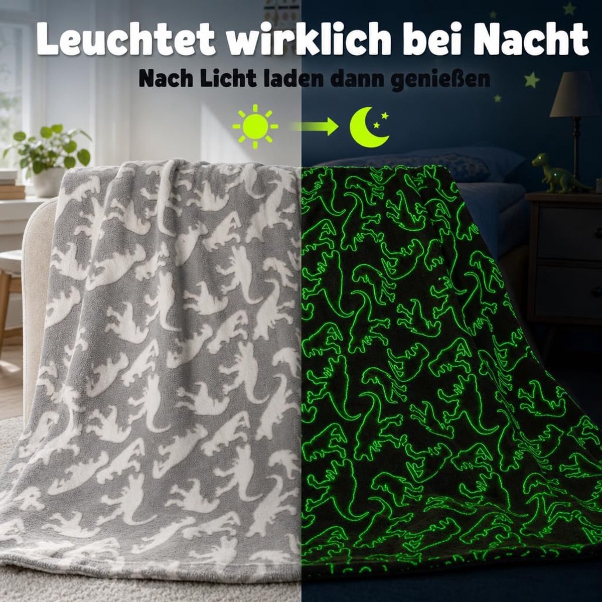 SnelShoppen - Cuddly deken met lichtgevende motief, stijlvol en uniek glow in the dark effect, perfect om te knuffelen, polyester, grijs (dino, 150 x
