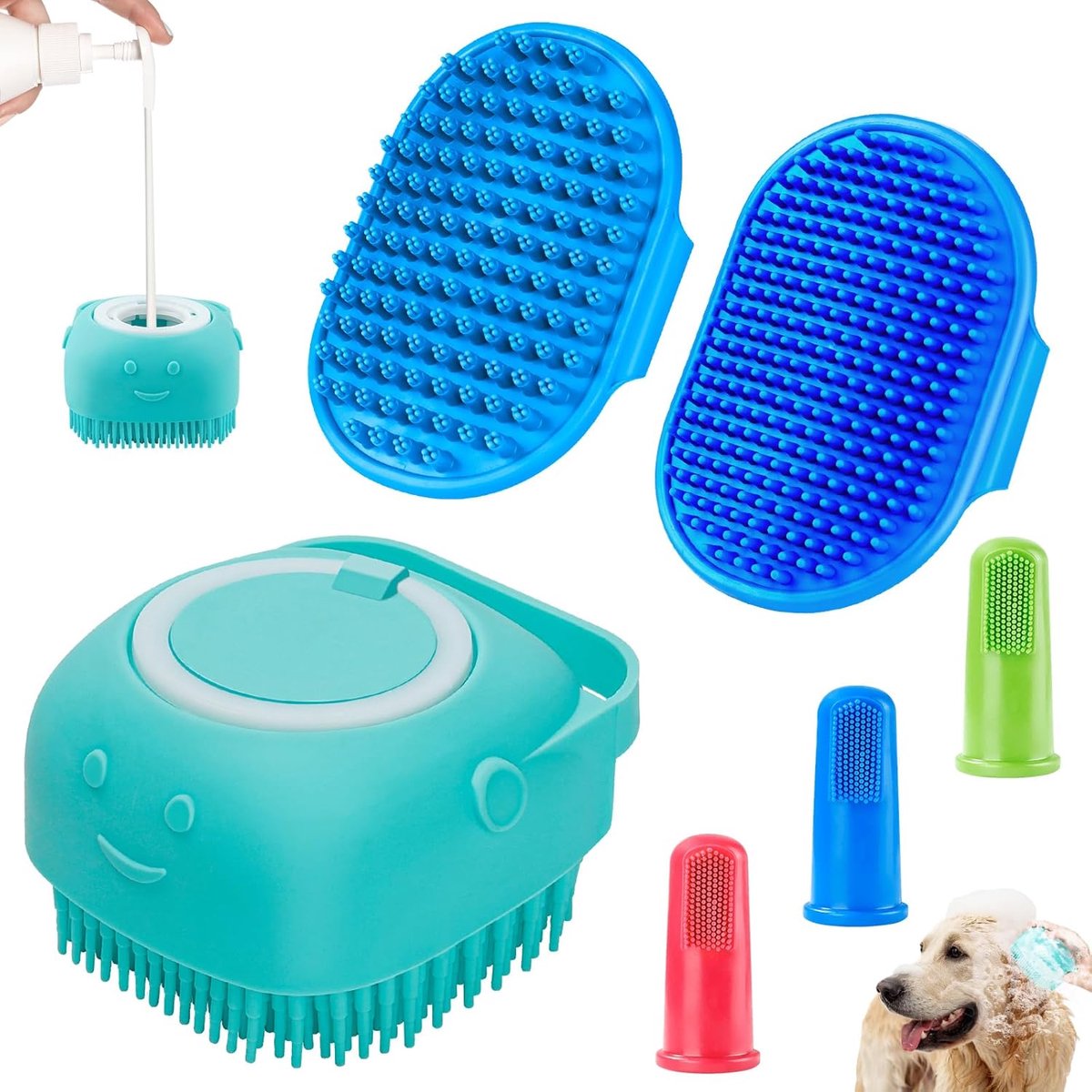 YAGXIG Hondenborstelset - 6-delige set - Borstel met verstelbare handgreep voor het wassen van de vacht - Geschikt voor honden en katten met korte en lange haren - Verwijdert effectief geuren en vlekken (blauw)