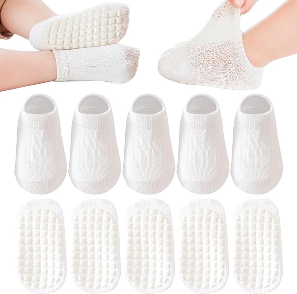 Witte mesh antislip vloersokjes set van 5 paren met siliconen gripzool voor baby’s 0 tot 1 jaar, perfect voor zomer, kruipen en lopen binnenshuis