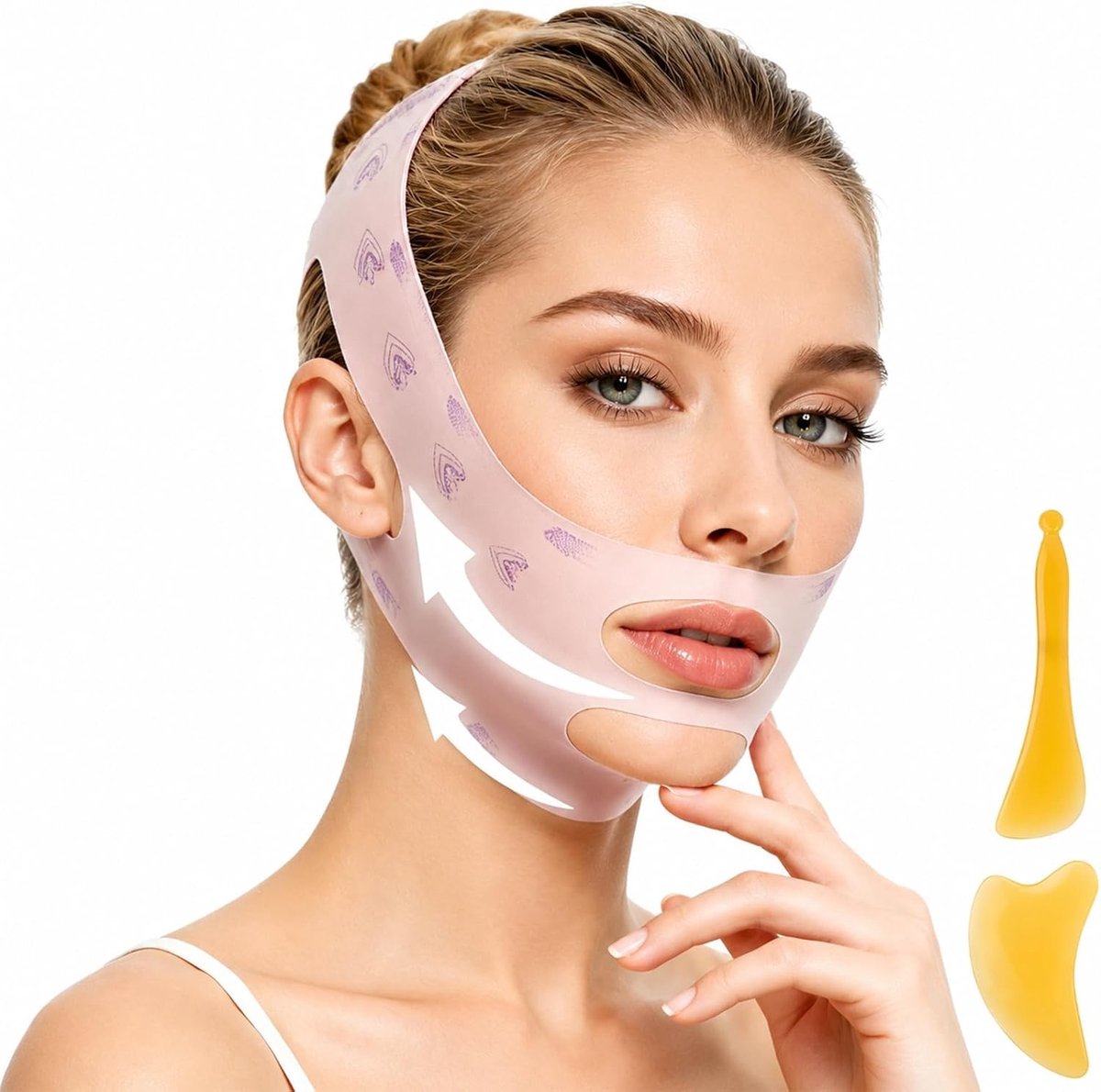 3-delige V-vormige gezichtsset met kinband en 2 Gua Sha-tools voor het verminderen van een dubbele kin, kaaklijntrainer en gezichtsliftingeffect