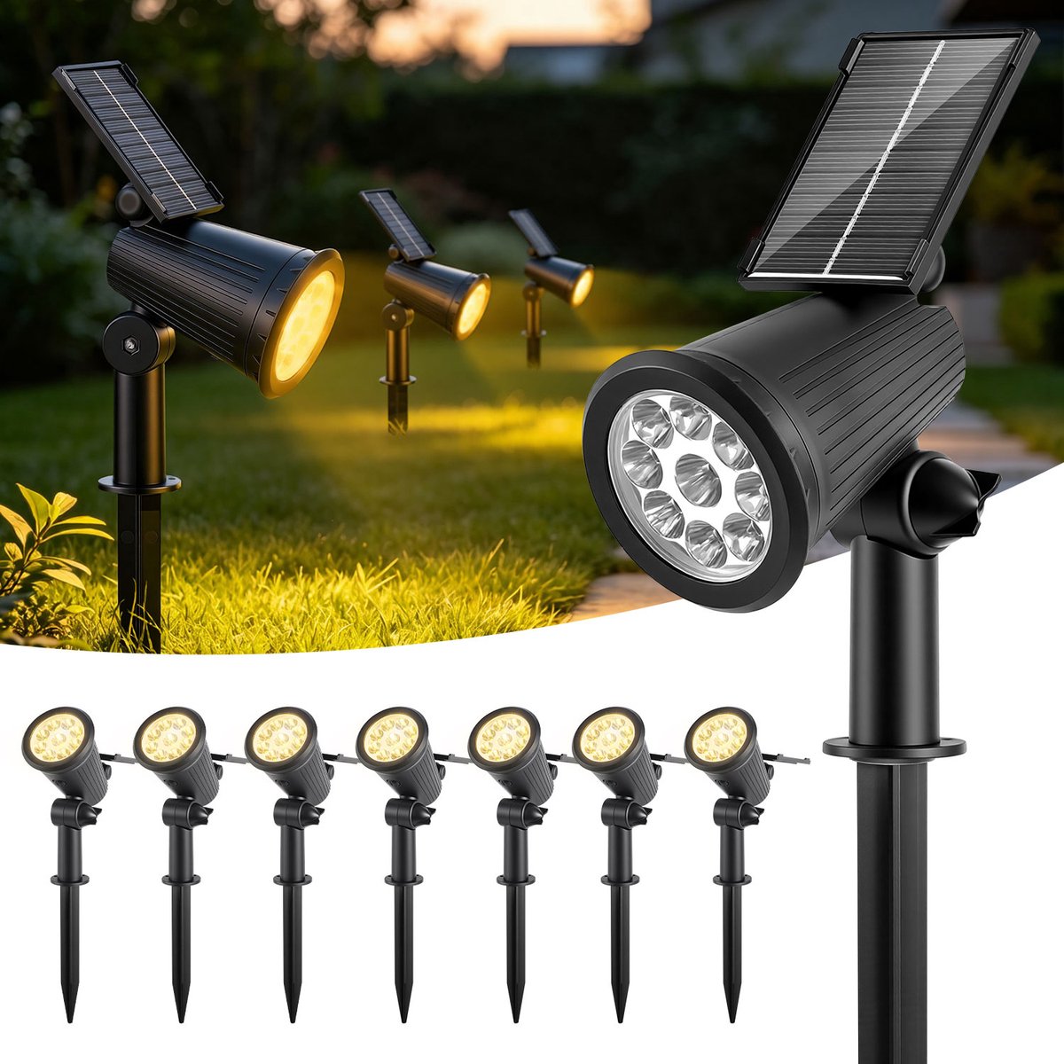 8 Stuks Solar Grondspots voor Buiten – Waterdicht IP65– 3W Warm Wit Licht – Verstelbare Tuinverlichting met Grondspies - Tuinverlichting Buitenverlichting Prikspots