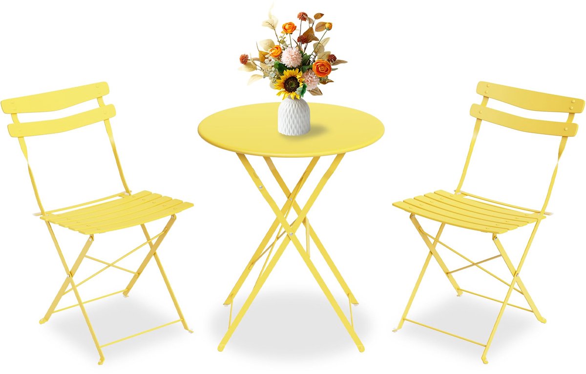 Triumpunpre Bistrotset IJzer - Tuintafel met 2 Stoelen - Opvouwbaar - Felgeel