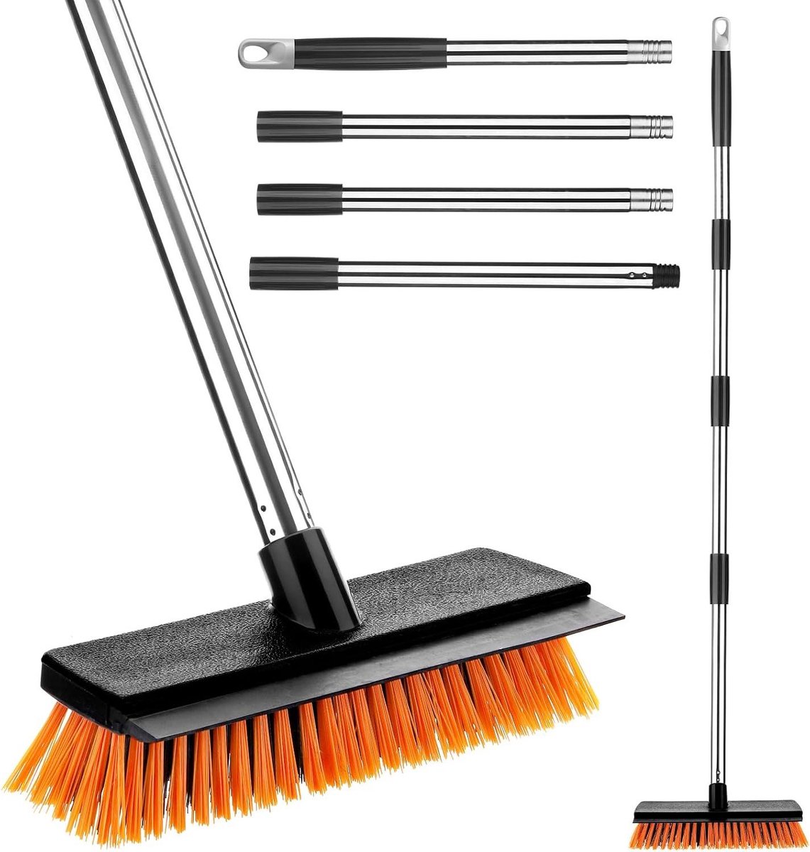 Buitenbezem - Terrasborstel - Tuin reinigen - Uittrekbaar handvat - 26 cm breed - Zwart Oranje