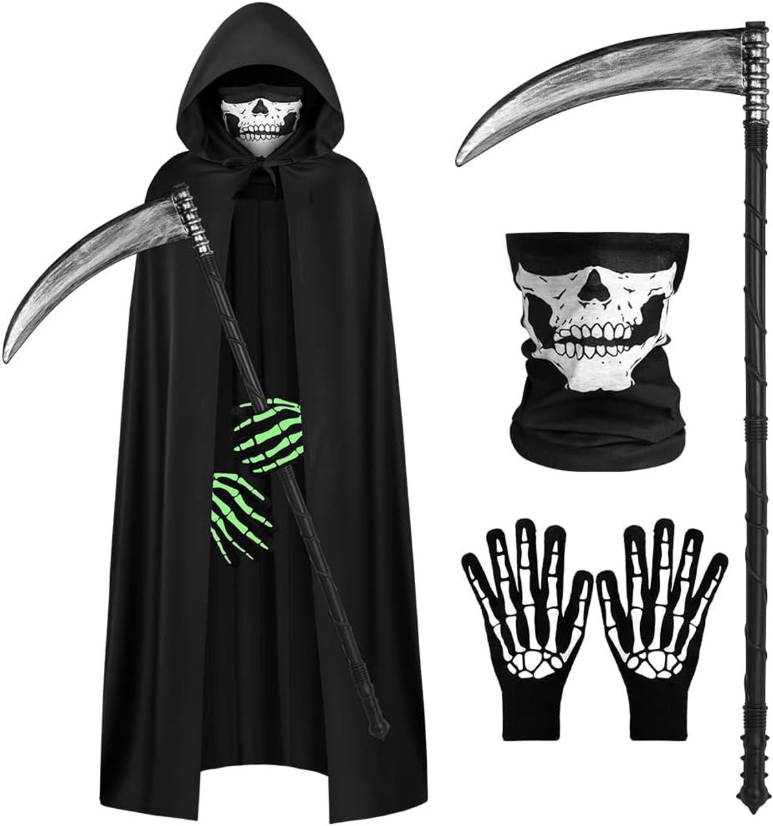 Zwarte Cape met Kap en Handschoenen voor Skeletten Kostuum met Wit Schedelmasker voor Halloween, Carnaval en Cosplay Feesten