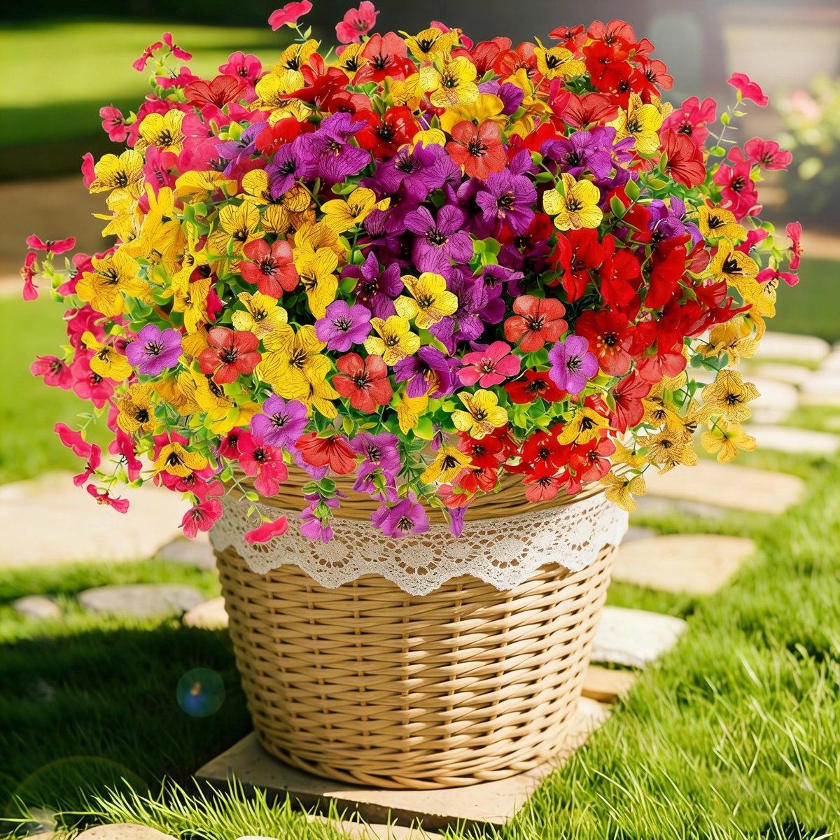 SnelShoppen - 12 Trossen Kunstbloemen Buiten, Mix van 4 Kleuren UV-Bestendige Kunstzijden Bloemen voor Binnen en Buiten, Tuin Decoratie, Veranda, Pati