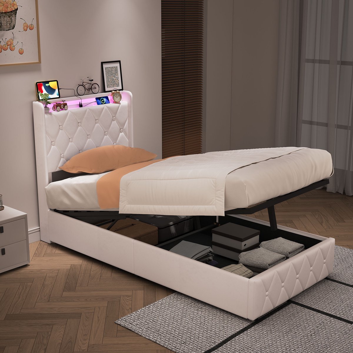 Opbergbed 90x200 cm met lattenbodem, led- en usb-aansluiting, gestoffeerd Eenpersoonsbed met hydraulische opbergruimte, gecapitonneerd 2-zitsbedframe met hoofdbord en open planken (Flanel Beige)