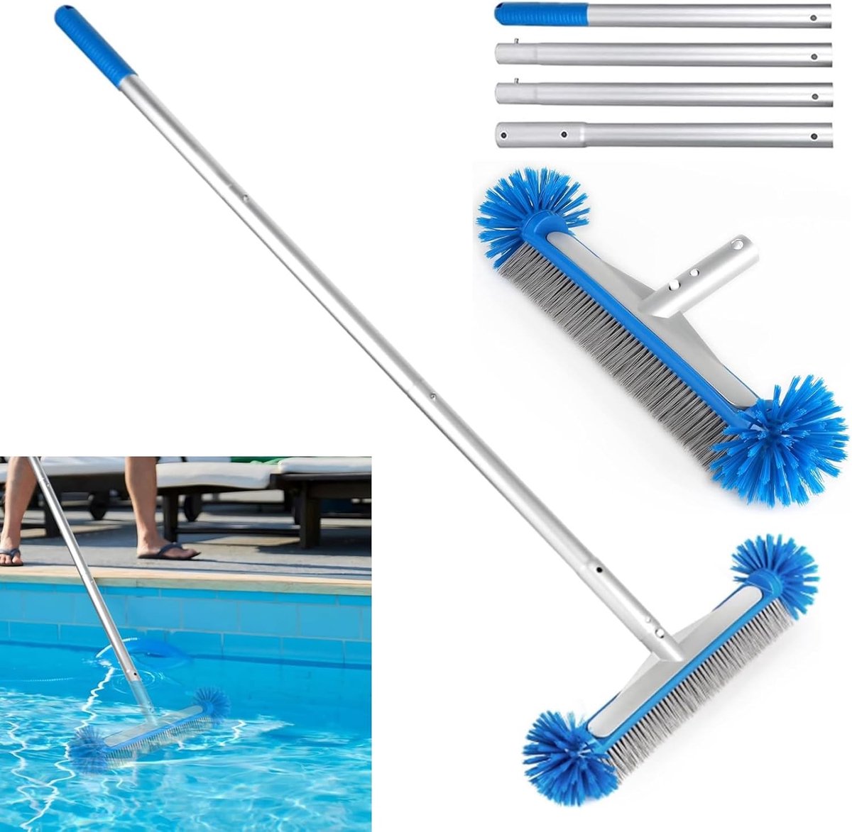 Poolborstel met 140 cm Aluminium Uitschuifbare Steel, 43 cm, Tuin Pool Broom met Halfronde Borstels, 7 Rijen Nylon Borstels voor Effectieve Zwembadreiniging en Onderhoud