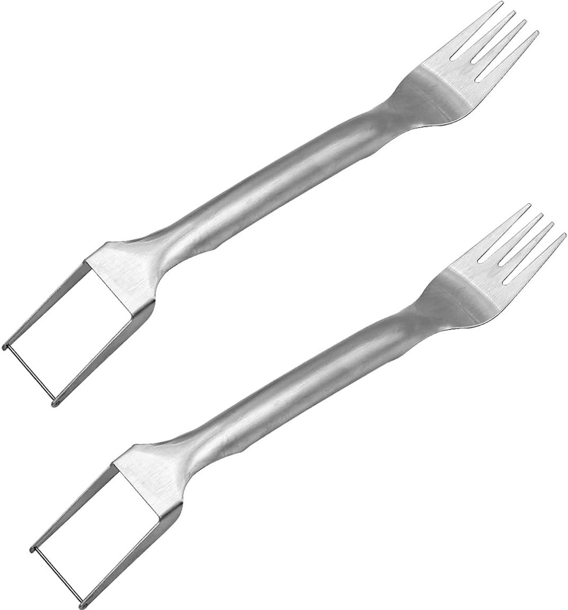 SnelShoppen - 2Pcs RVS 2-in-1 Watermeloen Vork Snijder - Draagbare Watermeloen Vork voor Feest, Camping, Keuken, 304 Roestvrij Staal
