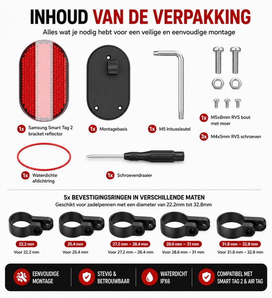 Inhoud van de verpakking: fietsreflector, montagebasis, 5 adapters, M5 inbussleutel, schroevendraaier, M5 en M4 schroeven.