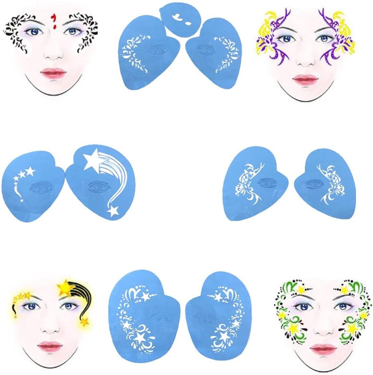 SnelShoppen - Gezichtsschildersjablonen set van 4 stuks, herbruikbare tattoosjablonen voor school, optredens, cosplay, Halloween, Kerstmis, feest, PET