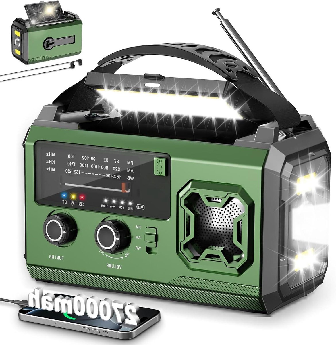 Noodradio Zonne-energie - Batterij Radio - Kamperen Stroomuitval - Hand Crank Opladen - 27000mAh - Militair Groen