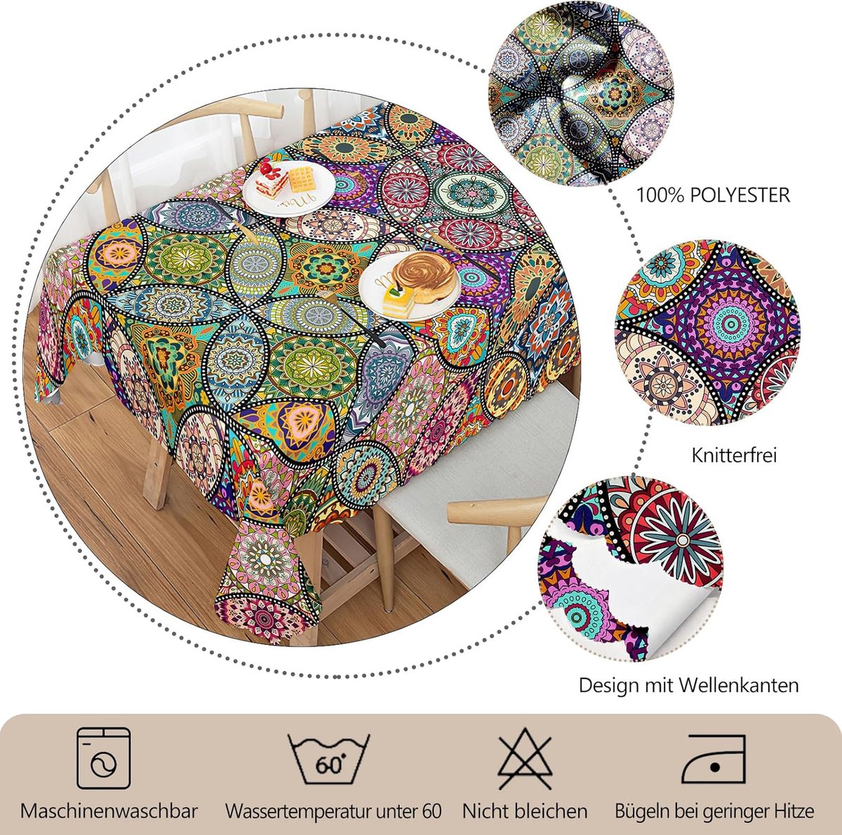 Tafelkleed afwasbaar - Boho patroon - Waterdicht - Rechthoekig 140 x 180 cm - Tafelkleed voor buiten - Geschikt voor 4-6 personen - Tafellaken