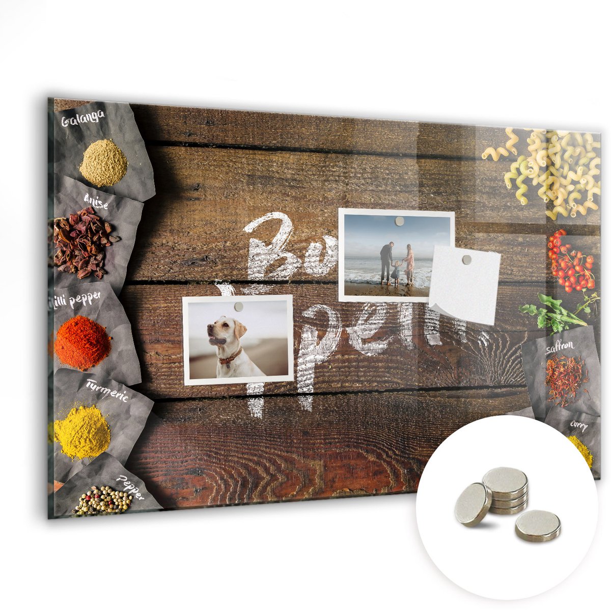 Coloray Glazen Magneetbord - Magnetisch Bord De inscriptie bon appetit - 60x40 cm - Bruin Magneetbord - Magnetic Board - Keuken Decoratie