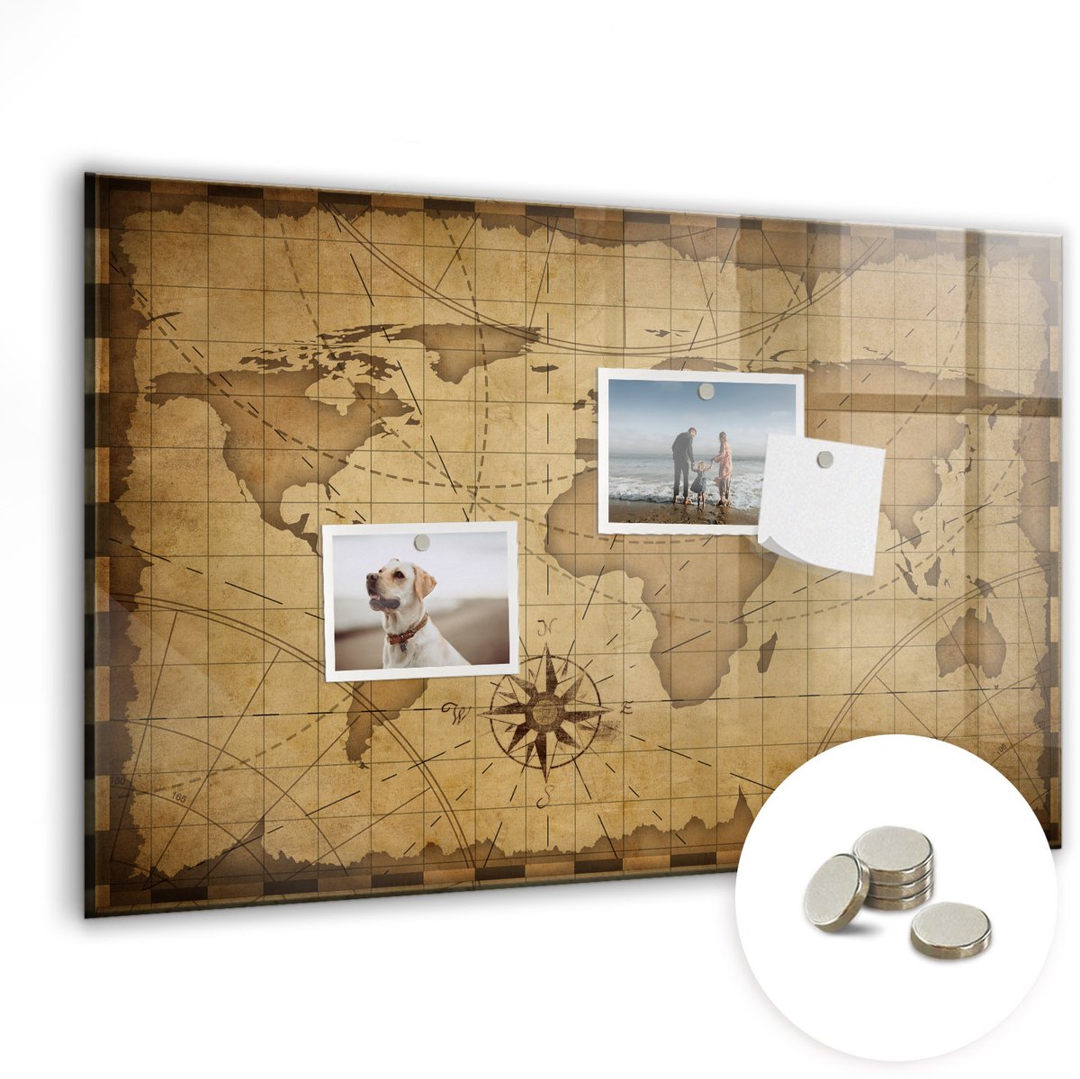 Coloray Glazen Magneetbord - Magnetisch Bord Vintage wereldkaart - 60x40 cm - Bruin Magneetbord - Magnetic Board - Magneetbord Design