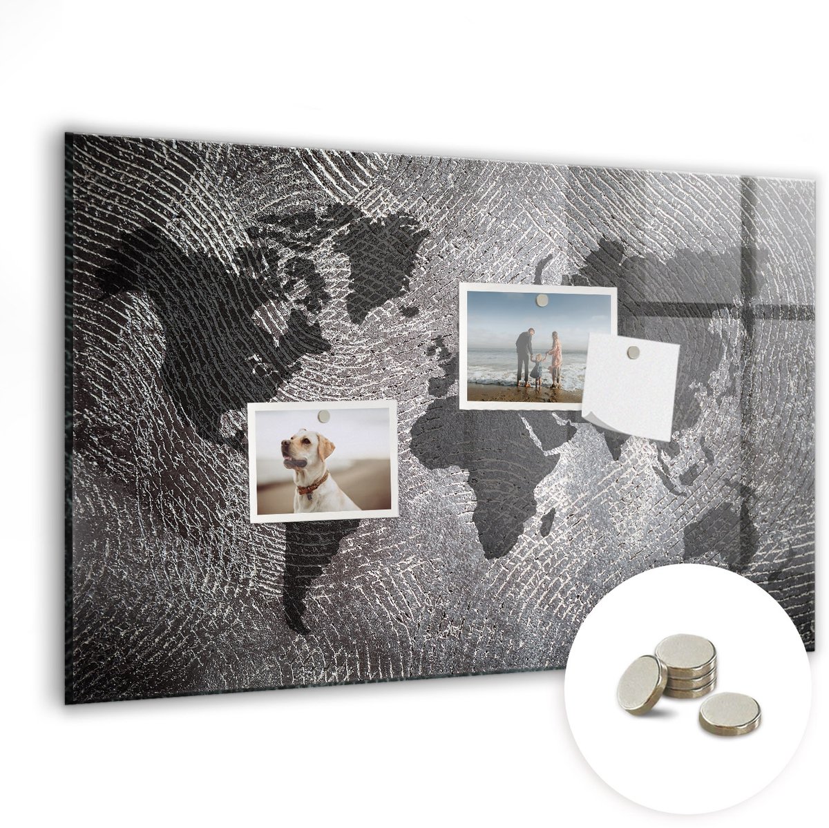 Coloray Glazen Magneetbord - Magnetisch Bord Concrete wereldkaart - 60x40 cm - Grijs Magneetbord - Magnetic Board - Magneetbord Design