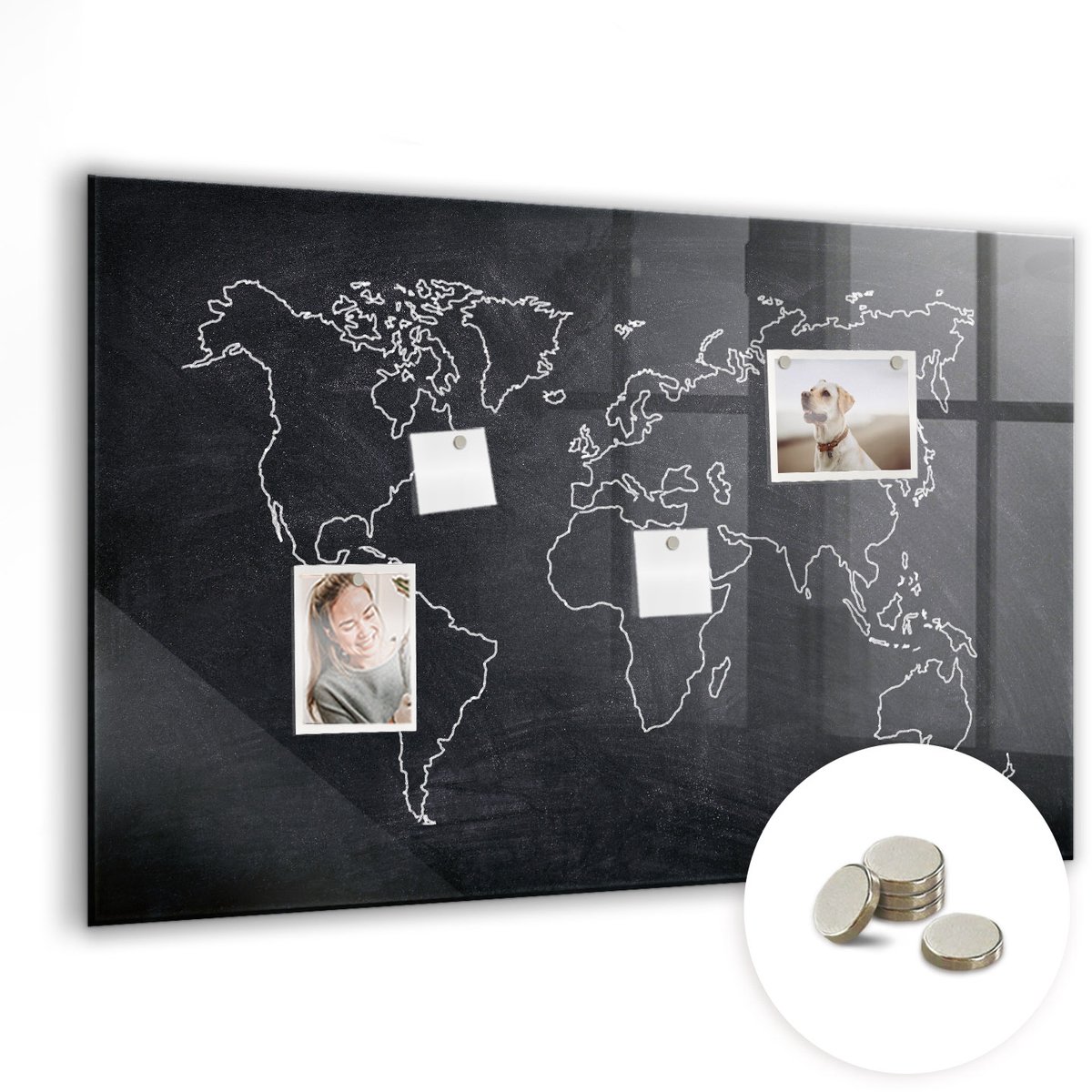 Coloray Glazen Magneetbord - Magnetisch Bord Vintage wereldkaart - 90x60 cm - Zwart Magneetbord - Magnetic Board - Magneetbord Design