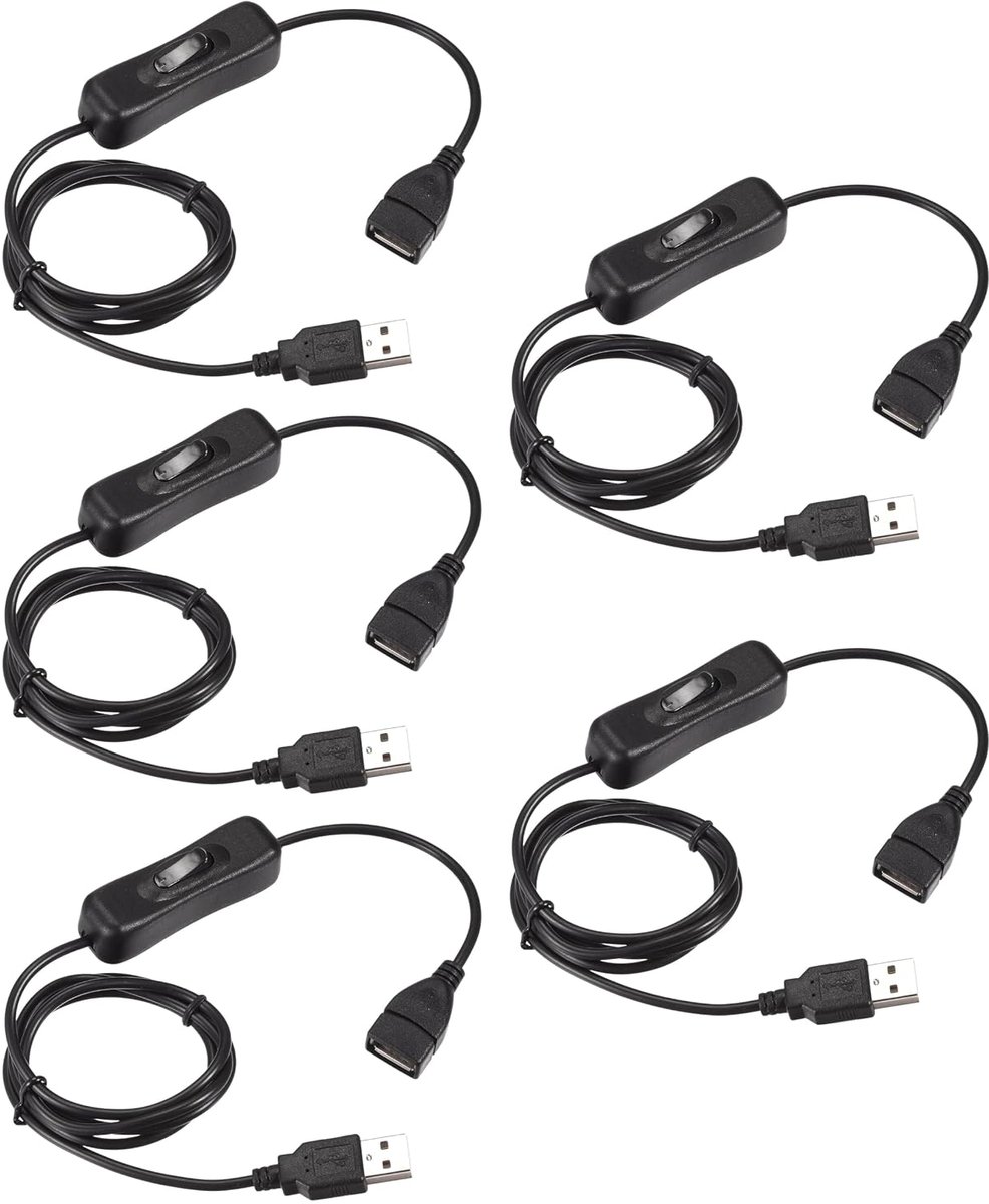 SnelShoppen - Pack van 5 USB Verlengkabels met Aan/Uit Schakelaar Zwart 1m Geschikt voor USB Bureau Lamp USB Ventilator LED Strips
