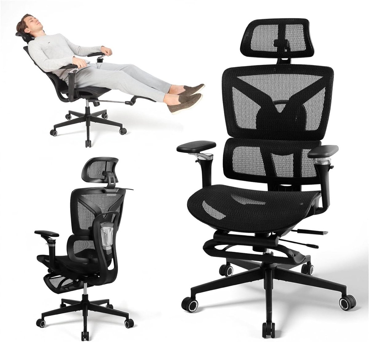 Ergonomische Bureaustoel - Comfort Stoel - Thuiswerken - Voetsteun en 5D armleuningen - Tot 200 kg - Zwart