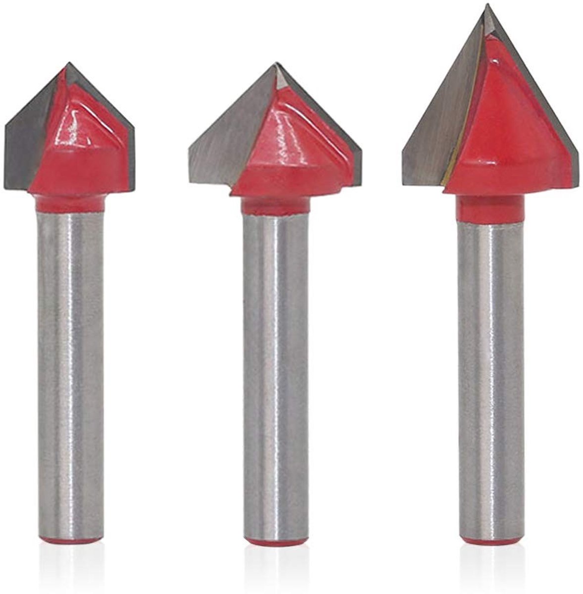 3-delige V-groef frees met 6mm schacht van tungsten carbide voor houtbewerking, 60° en 90° snijkoppen, ideaal voor CNC graveren en frezen van hout