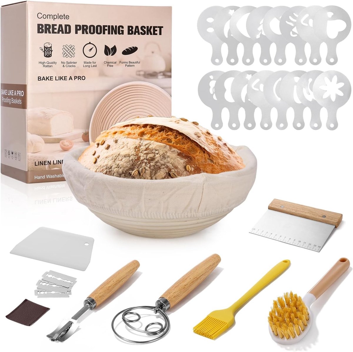 SnelShoppen - 25-delige rijsmand broodset, 23 cm ronde rijsmand, broodbakaccessoires, zuurdeeg starterset, broodbakset voor beginners, ideaal voor thu